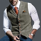 cheap Men&#039;s Vest-Men&#039;s Vest Waistcoat Daily Wear Going out Vintage Fashion Spring &amp;  Fall Buttons Polyester Comfortable Plain Single Breasted V Neck Regular Fit Deep Green Navy Dark Gray Light Grey Vest