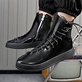 cheap Ankle Boots-Men&#039;s Red Faux Leather High-Top Boots with Side Zipper and Lace-Up Design – Stylish Casual Footwear for Fall and Winter