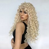 baratos Perucas Sintéticas sem Touca-Perucas sintéticas Uniformes Trajes de carreira Princesa Encaracolado Deep Curly Parte do meio Corte em Camadas Com Franjas Fabrico à Máquina Peruca 26 polegadas Dourado Suave Cabelo Sintético