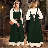 ieftine Rochie-Șorț viking medieval pentru femei, cu rochie tunică cu dantelă la spate, 2 buc ținute pentru larp ren faire târg renascentist, carnaval, rochie de halloween