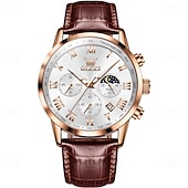 abordables Montres à quartz-Montre en Quartz pour Hommes OLEVS Montre de Mode Décontractée avec Phase de Lune Calendrier Lumineux Chronographe Montre en Cuir
