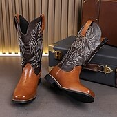 levne Cowboy &amp; Western Boots-pánské dvoubarevné westernové kovbojské boty – vintage styl s vyšívanou stopkou, hnědá a černá umělá kůže, ideální pro rodeo nebo běžné nošení