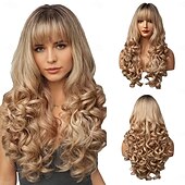 economico Parrucche trendy sintetiche-parrucche lunghe con radici scure, parrucca sintetica ondulata e sciolta con frangia per le donne, per feste quotidiane e cosplay