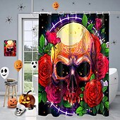 baratos Cortinas de Banho-cortina de chuveiro de halloween com ganchos para banheiro cortina de chuveiro de caveira conjunto de decoração de banheiro poliéster à prova d&#039;água pacote com 12 ganchos de plástico cabeças de
