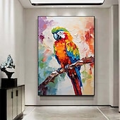 abordables Pinturas de animales-Pintura de loro con espátula grande, pintura al óleo de animales con textura abstracta hecha a mano de gran tamaño, arte de pared, hermosa pintura de pájaros, decoración de pared de sala de estar,