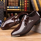 baratos Formal-sapatos oxford masculinos de couro envernizado - sapatos sociais elegantes com cadarço e design texturizado para negócios e ocasiões especiais