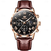 abordables Montres à quartz-Montre en Quartz pour Hommes OLEVS Montre de Mode Décontractée avec Phase de Lune Calendrier Lumineux Chronographe Montre en Cuir