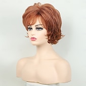 economico parrucca più vecchia-parrucche corte arancioni per donne bianche, parrucca marrone con frangia, parrucche corte e ricce pixie cut, affascinanti parrucche sintetiche senza colla a strati ondulate per vecchie signore