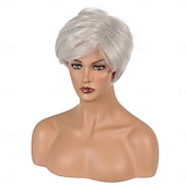 cheap Older Wigs-Synthetic Wig Straight Asymmetrical Wig Short Silver Synthetic Hair Women&#039;s Fashionable Design Soft Natural Silver