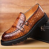 abordables Semi-formel-Mocassins en similicuir marron à motif crocodile pour hommes avec double boucle et semelle robuste – chaussures habillées haut de gamme pour les occasions formelles et décontractées
