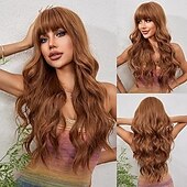 abordables Perruques Synthétiques Sans Bonnet-perruque longue avec frange perruques ondulées pour femmes perruque de cheveux synthétiques pour une utilisation quotidienne en soirée