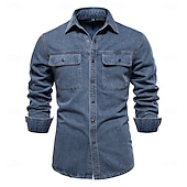 cheap Men&#039;s Elite Shirts-Men&#039;s 100% Cotton Shirt Button Up Shirt Casual Shirt Button Down Shirt Blue Long Sleeve Solid Color Turndown Shirt Collar Outdoor Work Pocket Clothing Apparel Neutral Daily Sports &amp; Outdoors