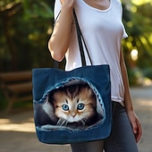 billiga Hand- och toteväskor-tygpåse med söt kattungetryck för kvinnor - hållbar shoppingväska i canvas med 3d-kattdesign för kattälskare och dagligt bruk