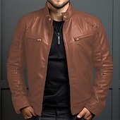 abordables Veste cuir homme-Homme Veste en Similicuir Veste de transition Veste moto Veste en cuir rouge Vacances Quotidien Coupe-vent Chaud Avec Poches Automne &amp; Hiver Uni Mode Classique Col montant Régulier Similicuir Noir
