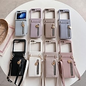cheap Samsung Cases-Phone Case For Z Flip 5 Z Flip 4 Z Flip 3 Back Cover with Stand Holder Zipper with Lanyard Retro TPU PU Leather