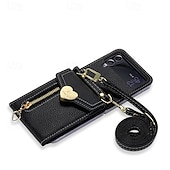 Недорогие Чехлы для Samsung-телефон Кейс для Назначение Z-флип 6 Z Flip 5 Z Flip 4 Z Flip 3 Кейс на заднюю панель со стендом Молния с ремешком Ретро ТПУ Кожа PU