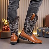 levne Cowboy &amp; Western Boots-pánské dvoubarevné westernové kovbojské boty – vintage styl s vyšívanou stopkou, hnědá a černá umělá kůže, ideální pro rodeo nebo běžné nošení