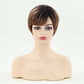 economico parrucca più vecchia-parrucche pixie ricci marroni per donne bianche capelli bianchi corti e soffici con frangia parrucca sintetica naturale resistente al calore