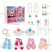 זול Party Supplies-סט נעלי התלבשות נסיכות, נעלי בית, שרשרת ועגילים - מתנת יום הולדת לילדות, משחק משפחתי, קופסת תכשיטי צעצוע להעמיד פנים - מושלם למשחק דמיון והבעה יצירתית