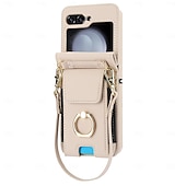 cheap Samsung Cases-Phone Case For Samsung Galaxy Z Flip 7 Z Flip 6 Z Flip 5 Z Flip 4 Z Flip 3 Back Cover Ring Holder with Lanyard with Wrist Strap Retro TPU PU Leather