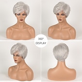 cheap Older Wigs-Synthetic Wig Straight Asymmetrical Wig Short Silver Synthetic Hair Women&#039;s Fashionable Design Soft Natural Silver
