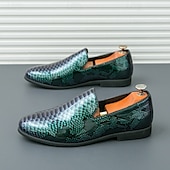 cheap Semi-Formal-Men&#039;s Snakeskin Print Loafers – Stylish Green and Black Glossy Slip-On Shoes with Modern Design, Perfect for Formal and Semi-Formal Occasions