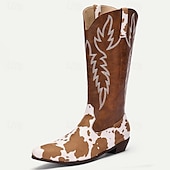 levne Cowboy &amp; Western Boots-pánské westernové kovbojské boty s hnědým a bílým kravským potiskem – vyšívaný design z umělé kůže, ideální pro rodeo, běžné nošení a venkovskou módu