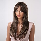 baratos Perucas Sintéticas sem Touca-perucas longas de cabelo sintético em camadas para mulheres com franja