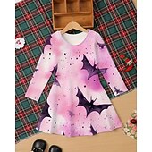 levne Dívčí halloweenské kostýmy-předvečer Všech svatých Girls &#039; 3D Grafika Čarodějnice Netopýr Šaty Dlouhý rukáv Léto Jaro Denní Dovolená Krásná Sladký Děti 4-12 let Volnočasové šaty Áčkové šaty Délka ke kolenům Polyester Běžný