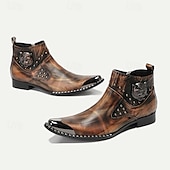 cheap Premium Leather Boots-Men&#039;s Premium Cowhide Leather Motorcycle Boots with Studded Design, Brown Gradient Finish, and Metallic Detailing – Perfect for Biker Style and Casual Outfits