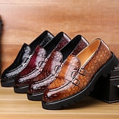 abordables Semi-formel-Mocassins en similicuir marron à motif crocodile pour hommes avec double boucle et semelle robuste – chaussures habillées haut de gamme pour les occasions formelles et décontractées