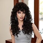 baratos Perucas Sintéticas sem Touca-Perucas sintéticas Uniformes Trajes de carreira Princesa Encaracolado Deep Curly Parte do meio Corte em Camadas Com Franjas Fabrico à Máquina Peruca 26 polegadas Castanho Escuro Cabelo Sintético
