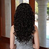 baratos Perucas Sintéticas sem Touca-Perucas sintéticas Uniformes Trajes de carreira Princesa Encaracolado Deep Curly Parte do meio Corte em Camadas Com Franjas Fabrico à Máquina Peruca 26 polegadas Castanho Escuro Cabelo Sintético