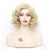 economico Parrucche storiche-Parrucca corta ondulata per donne capelli ricci parrucca sintetica naturale con divisione centrale parrucca piena adatta per cosplay carnevale uso quotidiano parrucche di Halloween