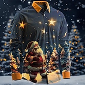 billiga Julscen outfit-Jul Herr jultomten Skjorta Knapp upp skjorta Långärmad Artistisk Ledigt Festkvällskläder Dagligen Höst Vinter Vår &amp; sommar Tröjkrage Knappen uppåt 3D-utskrift Blå Bläck blå Mörkblå