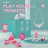 זול Party Supplies-סט נעלי התלבשות נסיכות, נעלי בית, שרשרת ועגילים - מתנת יום הולדת לילדות, משחק משפחתי, קופסת תכשיטי צעצוע להעמיד פנים - מושלם למשחק דמיון והבעה יצירתית