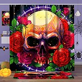 baratos Cortinas de Banho-cortina de chuveiro de halloween com ganchos para banheiro cortina de chuveiro de caveira conjunto de decoração de banheiro poliéster à prova d&#039;água pacote com 12 ganchos de plástico cabeças de