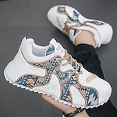 cheap Men&#039;s Sneakers-Men&#039;s White Athletic Sneakers with Tribal Print and Mesh Upper – Lightweight Running Shoes for Sports and Casual Wear