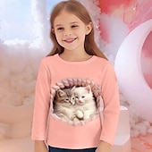 billiga Flickans 3D-djur-Flickor 3D Grafisk Djur Katt T-shirt Långärmad Vår Höst Mode Grundläggande Barn 4-12 år Rund hals Utomhus Ledigt Dagligen Normal