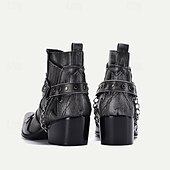 cheap Premium Leather Boots-Men&#039;s Black Premium Cowhide Leather Motorcycle Boots with Western Style, Metal Studded Strap, and Chain Accent – Perfect for Biker and Cowboy-Inspired Fashion