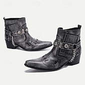 cheap Premium Leather Boots-Men&#039;s Black Premium Cowhide Leather Motorcycle Boots with Western Style, Metal Studded Strap, and Chain Accent – Perfect for Biker and Cowboy-Inspired Fashion
