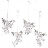 cheap Ornaments-4PCS Christmas Angel Ornaments, Transparent Acrylic Angels with Silver Wings, Xmas Tree Hanging Decoration for Holiday Decor