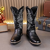 levne Cowboy &amp; Western Boots-pánské černé westernové kovbojské boty – vyšívaný shaft s klasickou špičatou špičkou, vintage styl pro rodeo nebo běžné nošení