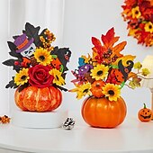 baratos Guirlandas de Halloween e Decorações Florais-enfeite de mesa de outono de Halloween com abóbora falsa, folhas de bordo e luz LED para o festival da colheita de outono, decoração de cena assustadora de Halloween para casa e festa de outono
