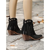 abordables Cowboy y botas occidentales-Botines estilo western con flecos negros y detalles tachonados para mujer: botines de vaquera de estilo vintage para uso informal y festivo