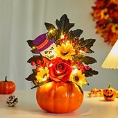 baratos Guirlandas de Halloween e Decorações Florais-enfeite de mesa de outono de Halloween com abóbora falsa, folhas de bordo e luz LED para o festival da colheita de outono, decoração de cena assustadora de Halloween para casa e festa de outono