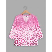 abordables Hauts d&#039;Art et de Design pour Femmes-Chemise femme basique néon et lumineux imprimé manches 3/4 hauts réguliers col en V décontractés rose bleu violet vert