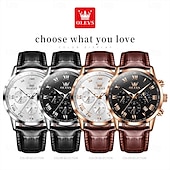 abordables Montres à quartz-Montre en Quartz pour Hommes OLEVS Montre de Mode Décontractée avec Phase de Lune Calendrier Lumineux Chronographe Montre en Cuir