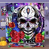 baratos Cortinas de Banho-cortina de chuveiro de halloween com ganchos para banheiro cortina de chuveiro de caveira conjunto de decoração de banheiro poliéster à prova d&#039;água pacote com 12 ganchos de plástico cabeças de