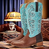 tanie Kowboj i zachodnie buty-męskie turkusowo-brązowe kowbojskie buty westernowe z haftowanym wzorem - stylowe i wygodne obuwie na rodeo i na co dzień